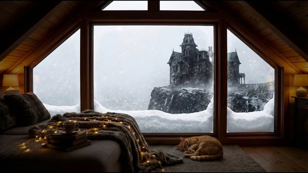 Cozy Winter Cabin Snowstorm ❄️🔥 | Sleeping Cat & Fantasy Castle View | 4K Ambient Sounds (2 Hours)