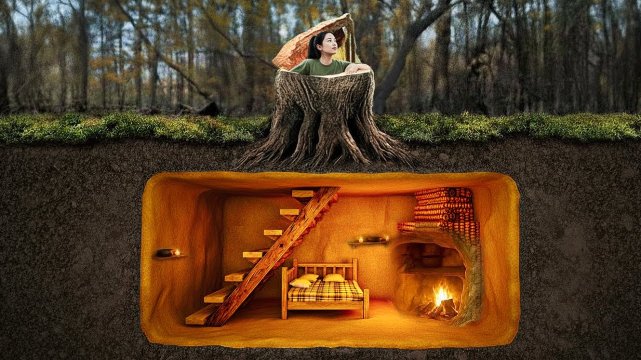 Building a Secret Dungeon in a Tree Stump for Survival in a Dense Forest. Bushcraft