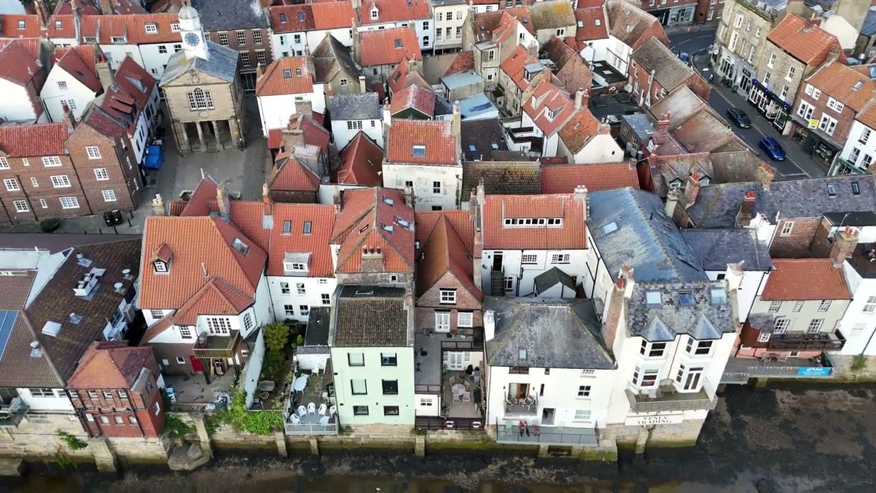 Whitby Ancient Houses and Harbour Drone View summer 2024