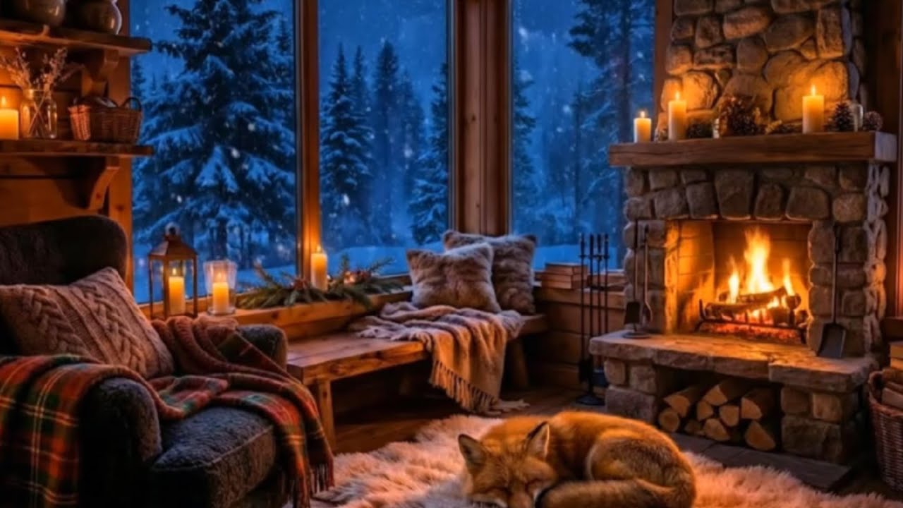 Cozy Cabin Ambiance Snowfall on the Window & Warm Fireplace for Fast Falling Asleep