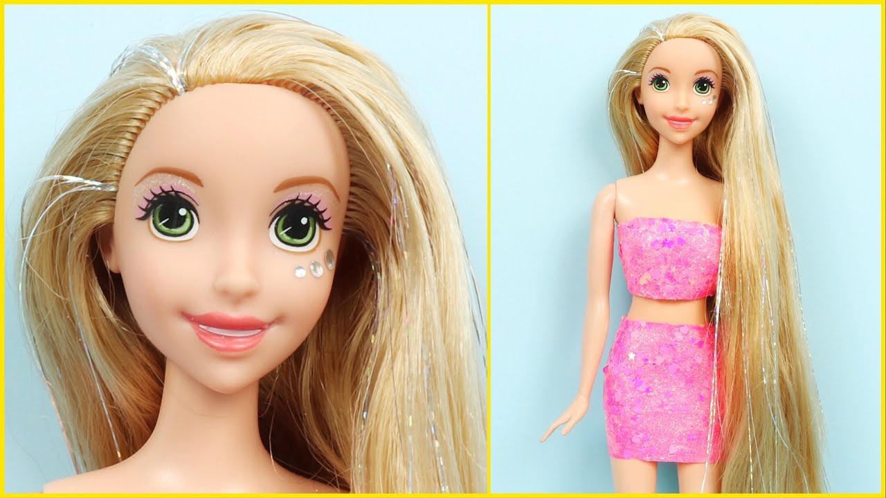 IŞILTILI PEMBE MİNİ ELBİSE VE UZUN SAÇ - 5 Dakikada Hallet Barbie Kıyafet Yapımı & Barbie Saç Yapımı