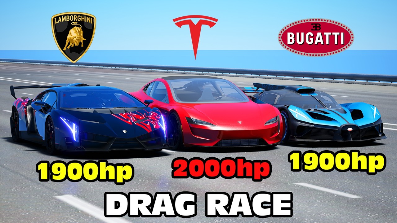Bugatti Bolide vs Lamborghini Veneno vs Tesla Roadster DRAG RACE