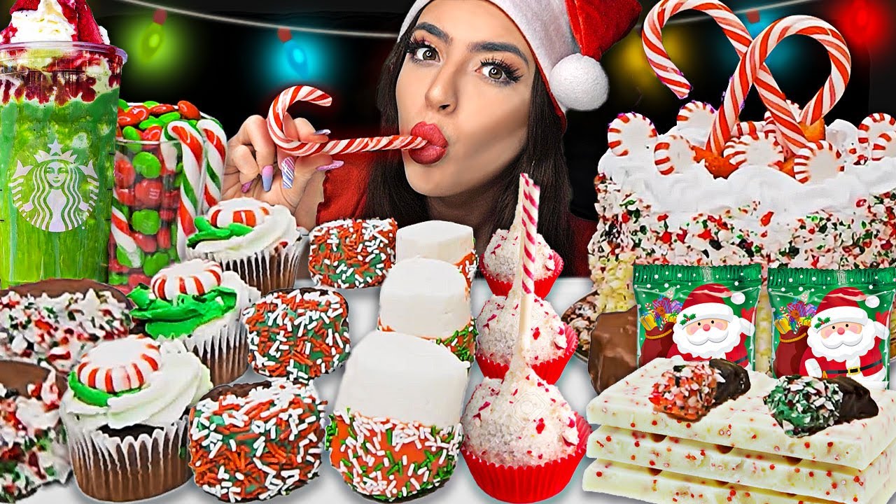 ASMR *CHRISTMAS CANDY CANE* CHOCOLATE SANTA, STARBUCKS CAKE POP, M&M, PEPPERMINT DIPPED COOKIES 먹방