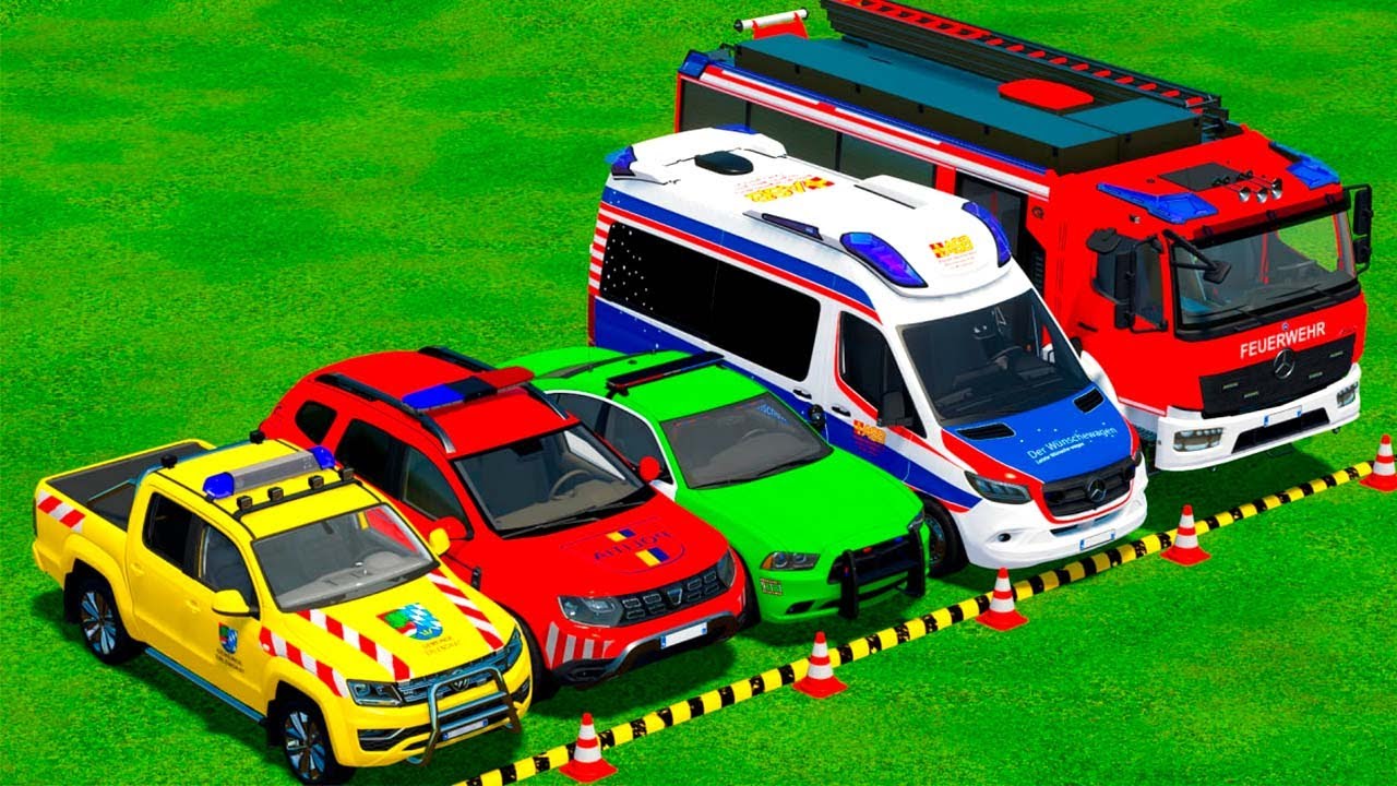 VOLKSWAGEN, FORD, DACIA POLICE CARS & MERCEDES FIRE TRUCK VEHICLES TRANSPORTING ! FS22