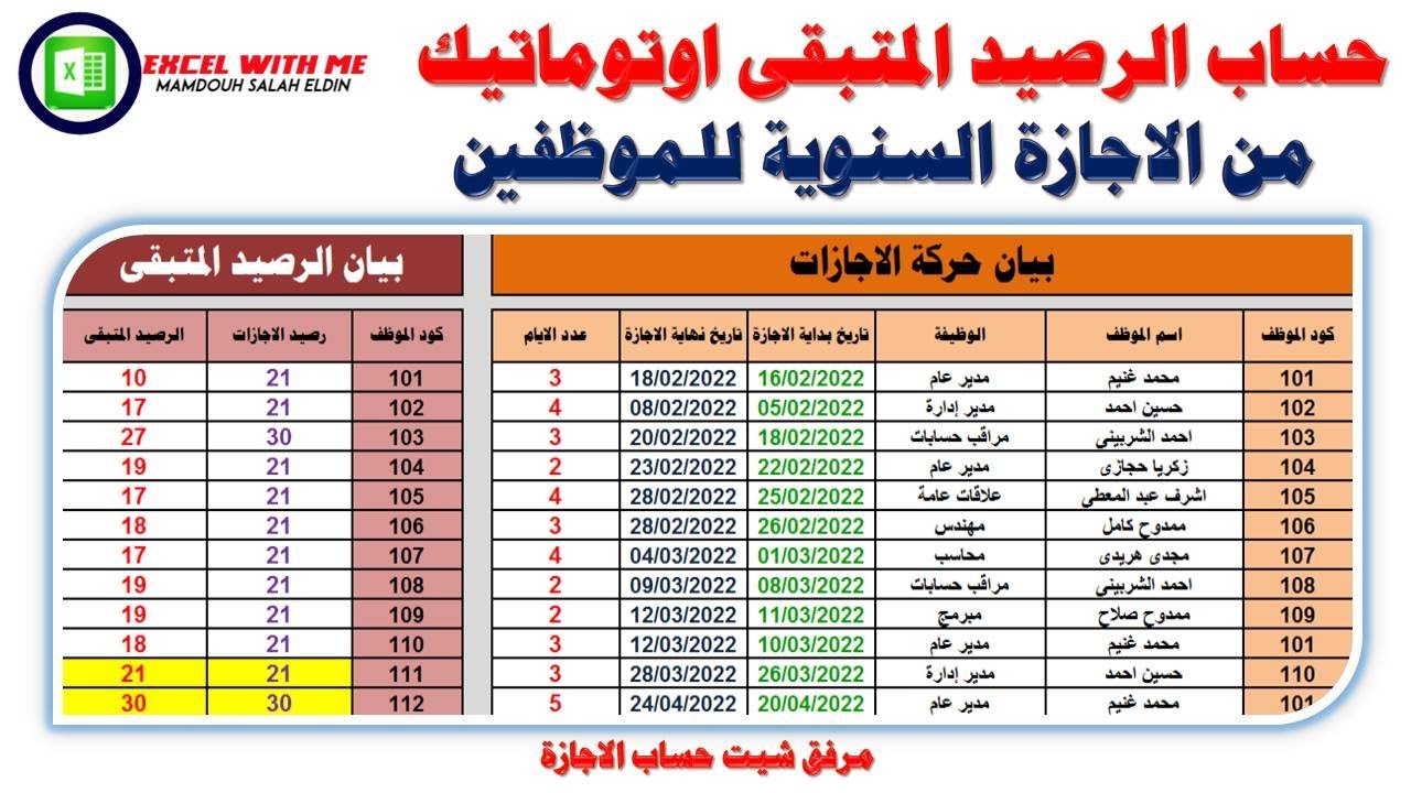 حساب الرصيد المتبقى من الاجازة السنوية للموظفين اوتوماتيك فى الاكسل | Leave balance calculator