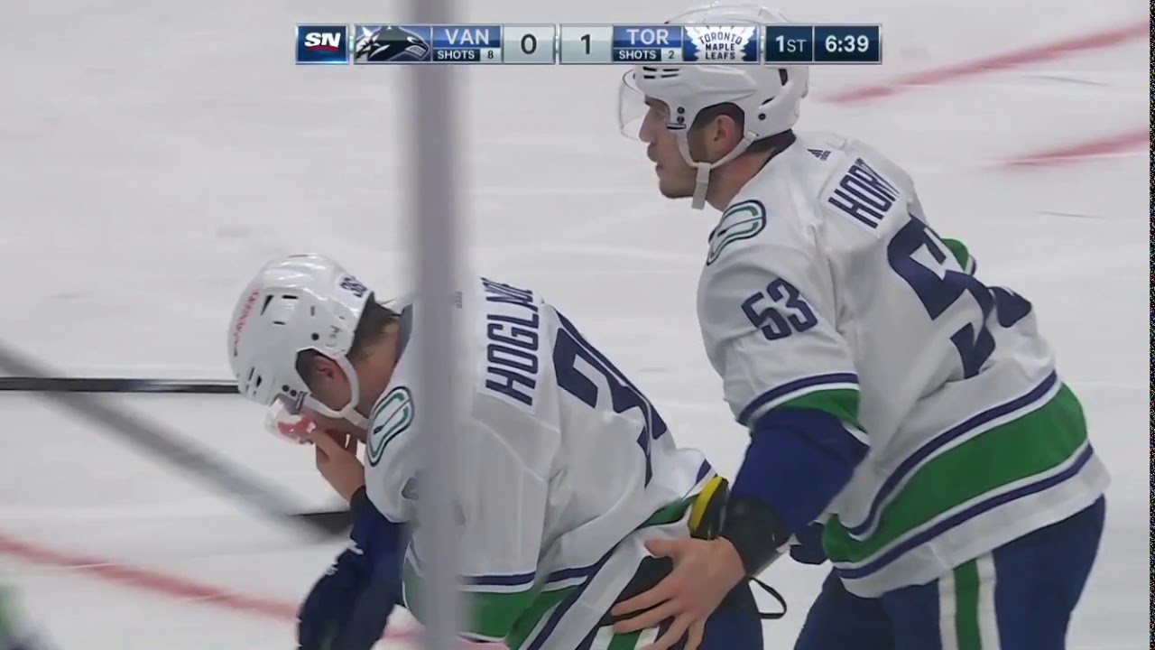 Nils Hoglander hit in face by puck