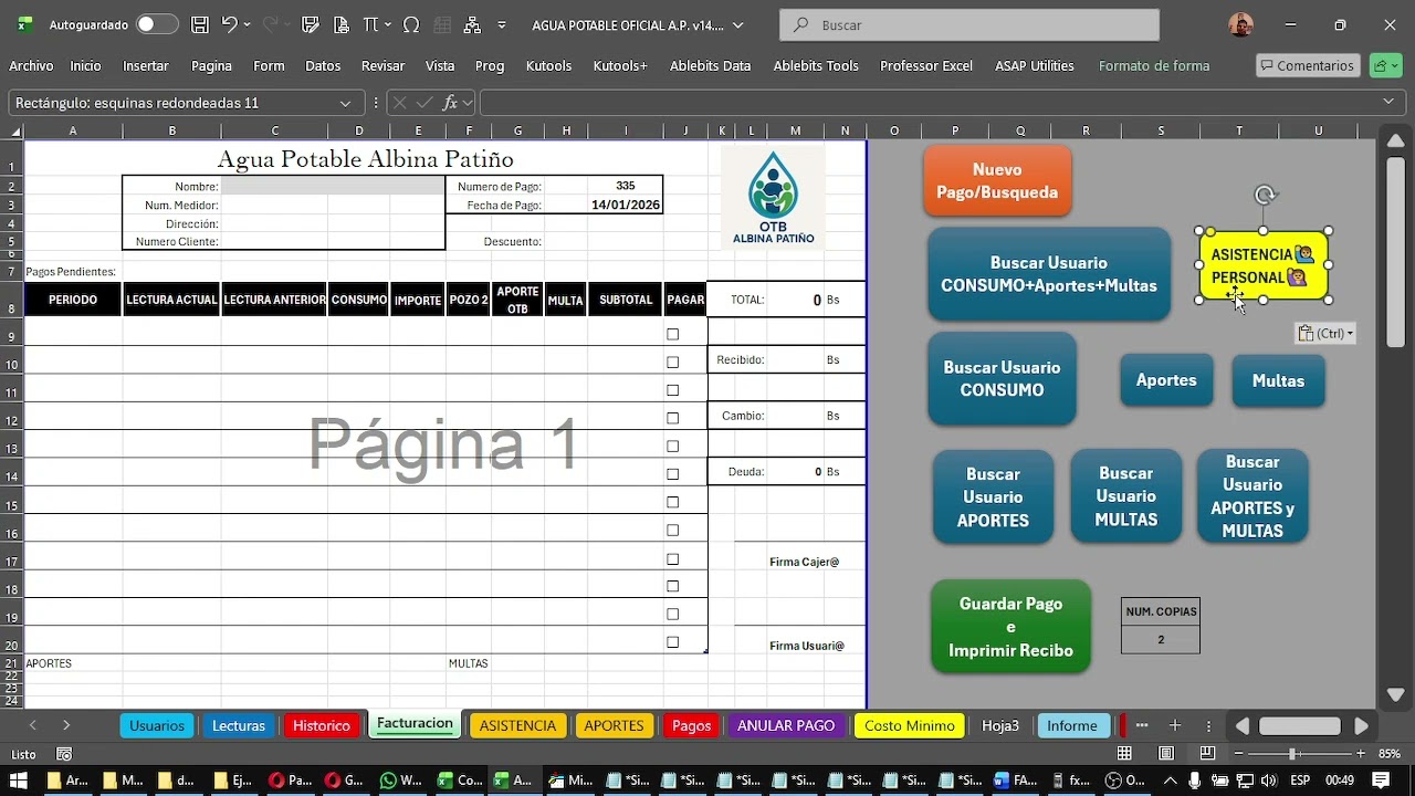 Implementacion de control de asistencia y aportes para una planilla de cobro de agua por consumo.