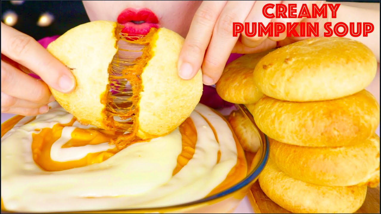 ASMR CREAMY ROASTED PUMPKIN SOUP WITH CHEESY VEGEMITE PIZZA POCKETS EATING MUKBANG 먹방咀嚼音
