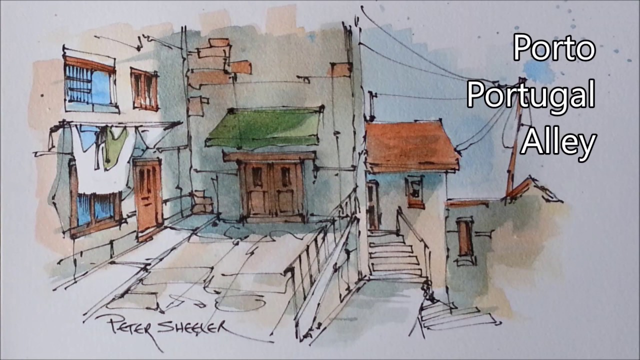 Back alley line and wash watercolor done from an Urbansketch. Quick, easy technique. Peter Sheeler