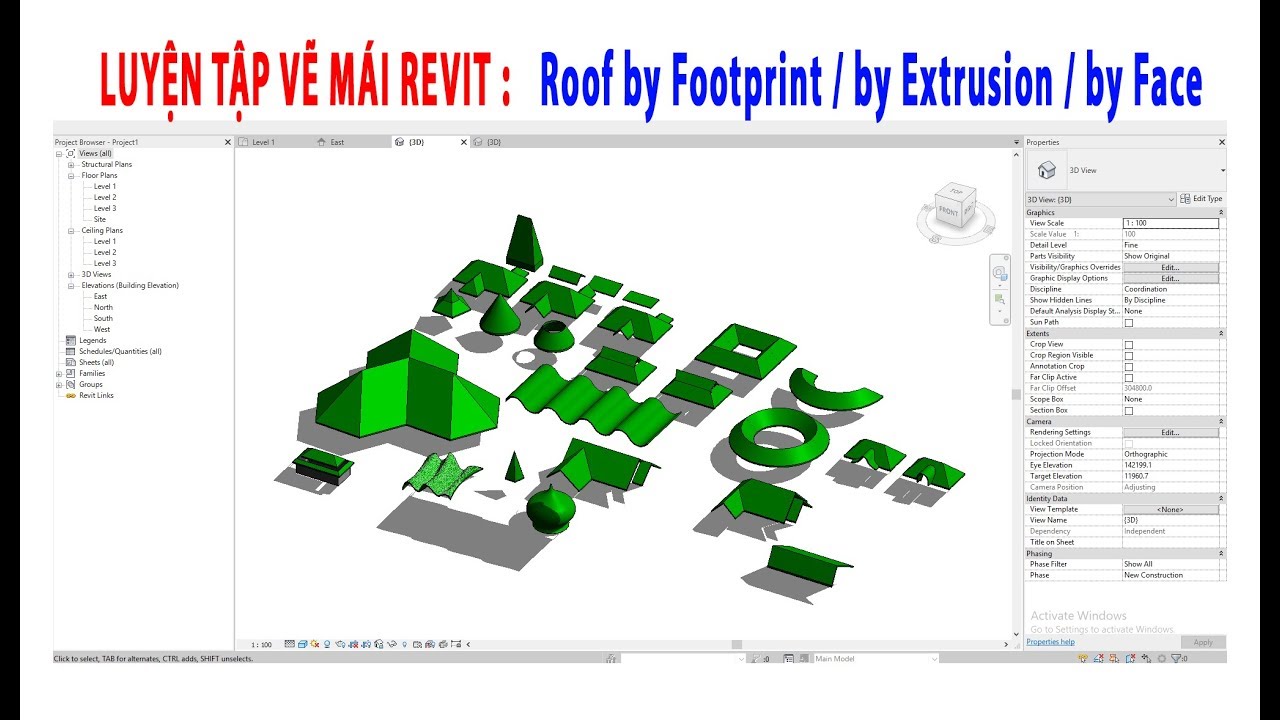 Revit KT Vẽ mái nhà - Roof by Footprint, Extrusion, Face, Opening