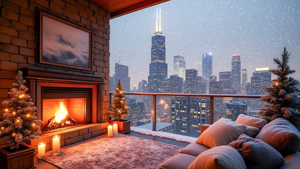 Cozy Winter Chicago Balcony Ambience with Relaxing Piano and Crackling Fire Sounds ❄️
