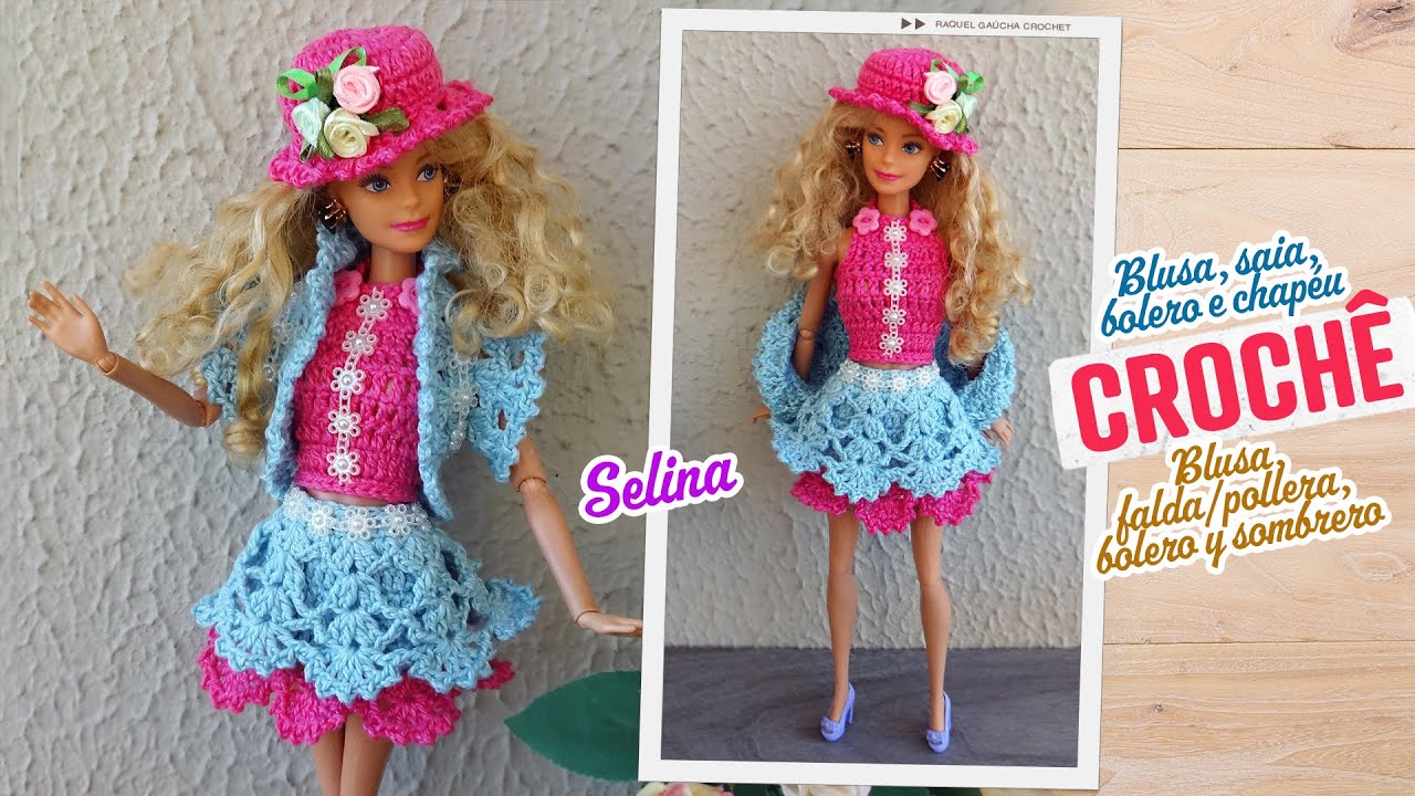 Blusa, saia, bolero e chapéu de crochê para Barbie 🌟 Selina
