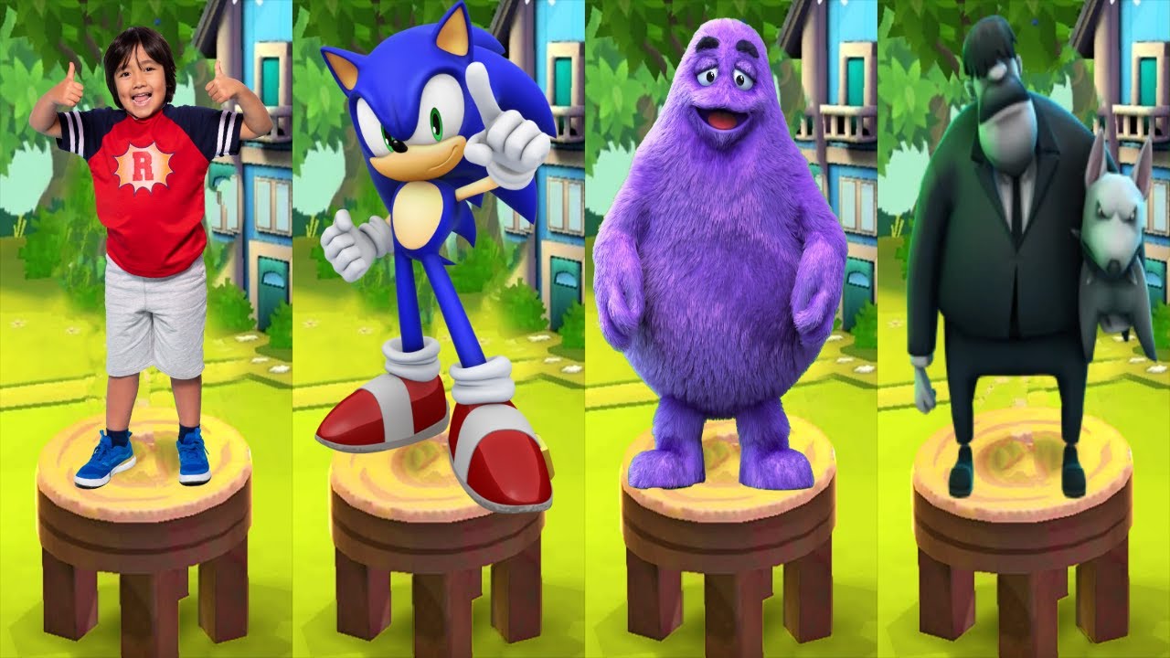 Tag with Ryan vs Sonic Dash vs Subway Surfers Guard and Dog Mod vs Grimace Shake Run All Characters