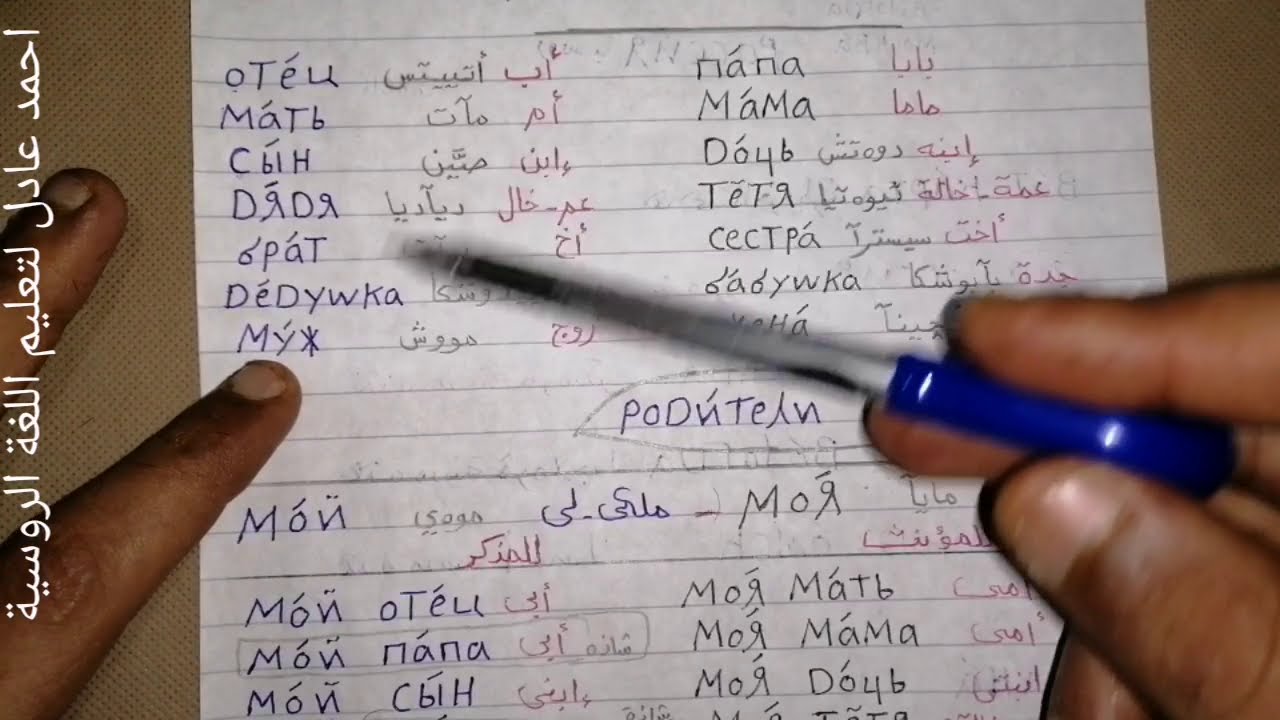 تعلم اللغة الروسية/الدرس١١_المستوى الأول_أفراد العائلة+نبذةعن ضمائرالملكية+محادثات+مرادفات بالأمثلة
