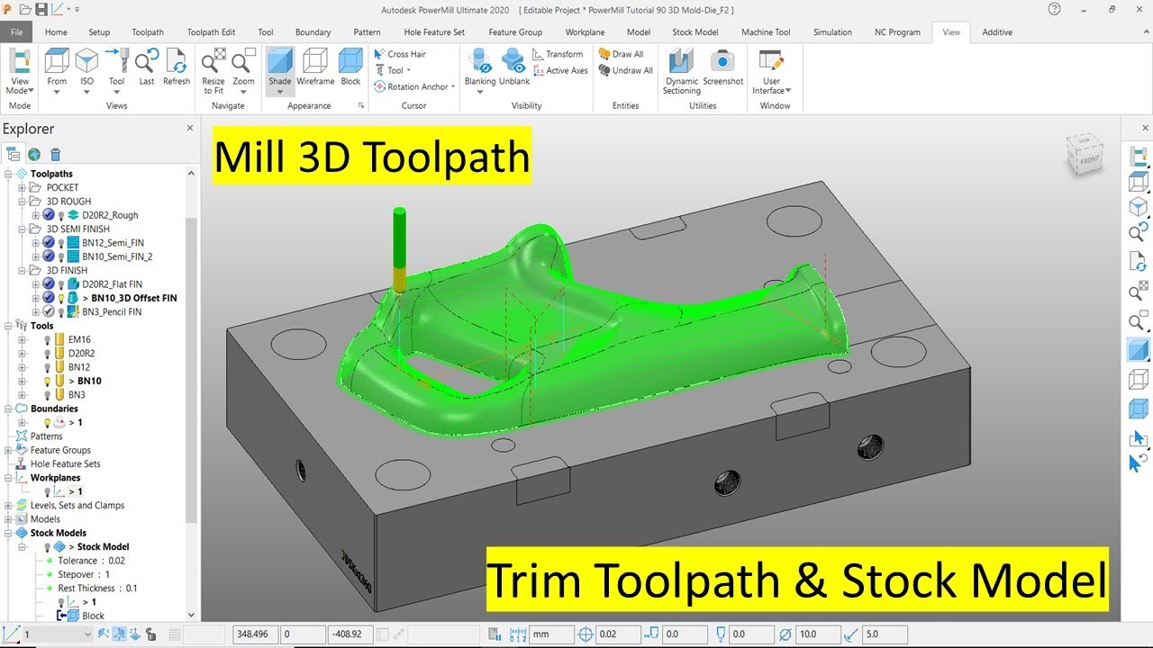 PowerMill Tutorial #91 | Mill 3D Offset Finish, Multi Pencil Finish, Trimcut Toolpath & Stock Model