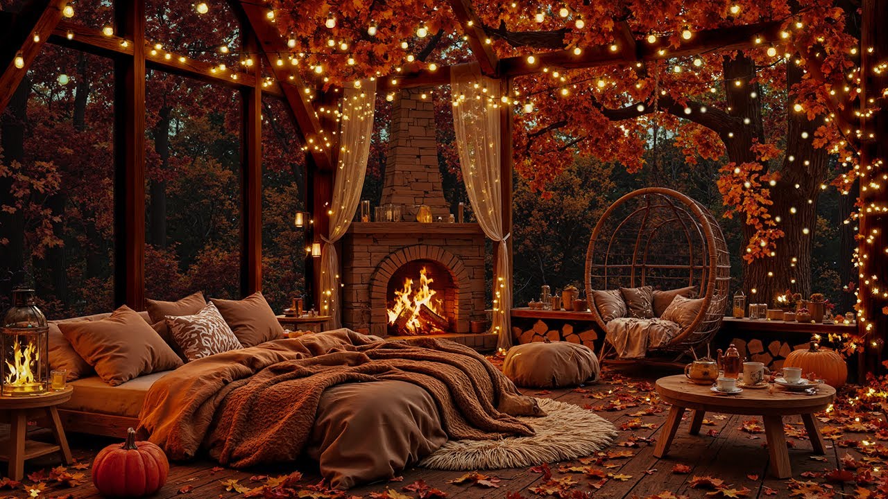 Mellow Fall Jazz Music in a Warm Cabin 🍂 Cozy Ambience by the Fireplace for Calm and Ease