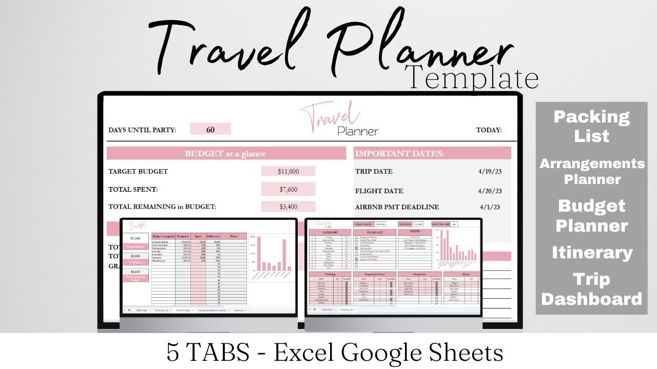 Travel Planner Template Excel Download, Travel Planning Excel Template, Google Sheets Traveling Plan