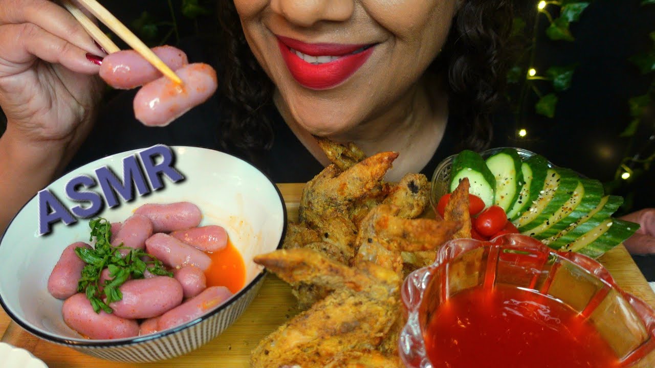 ASMR Eating Sounds | Purple Rice Cakes with Sweet Potato | Crispy Wings