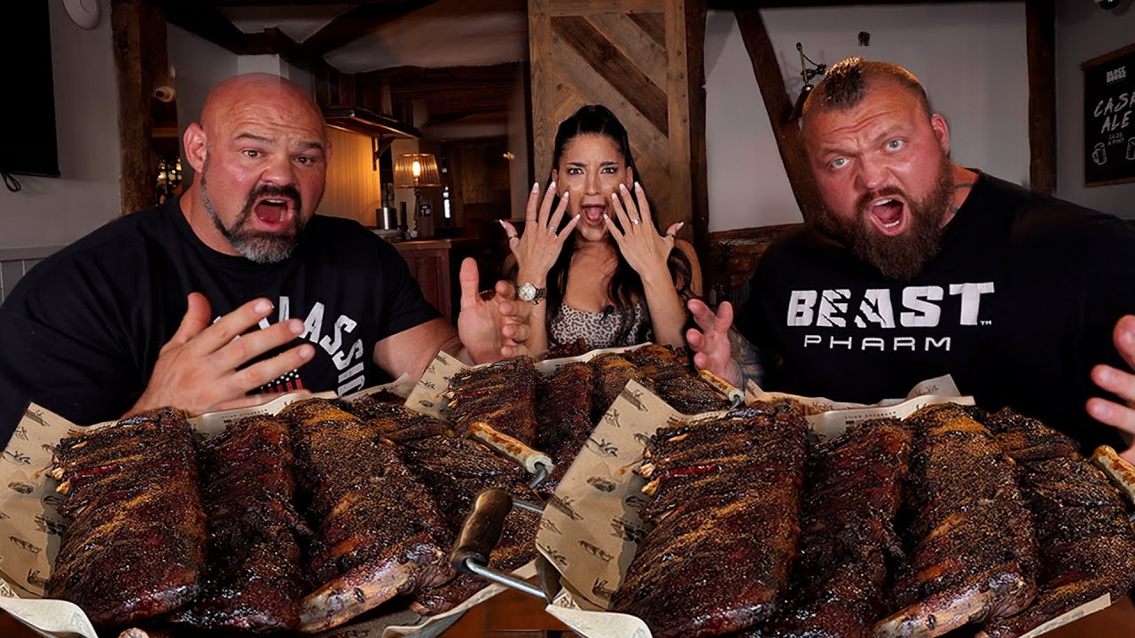 BBQ RIBS CAVEMAN CHALLENGE Vs. WORLD'S STRONGEST MEN BRIAN SHAW & EDDIE HALL | @Leah Shutkever