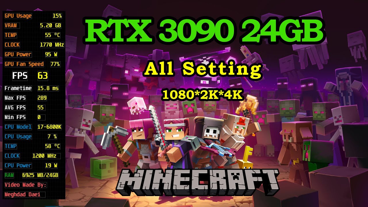 Minecraft RTX 3090 24GB All Setting FPS & Gameplay & Benchmark 1080P & 4K