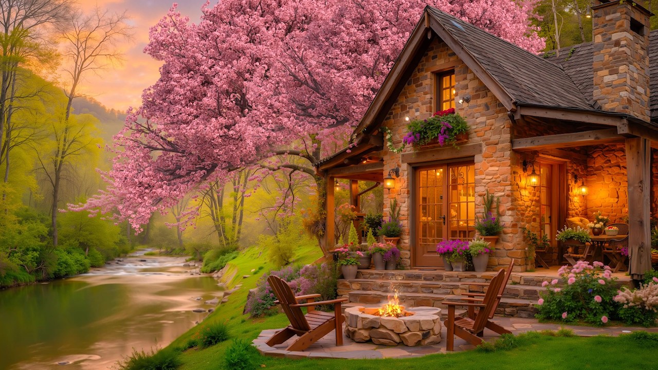 Beautiful Spring Riverside Cabin 🌸🔥 Campfire, Birdsong & Nature Sounds for Meditation