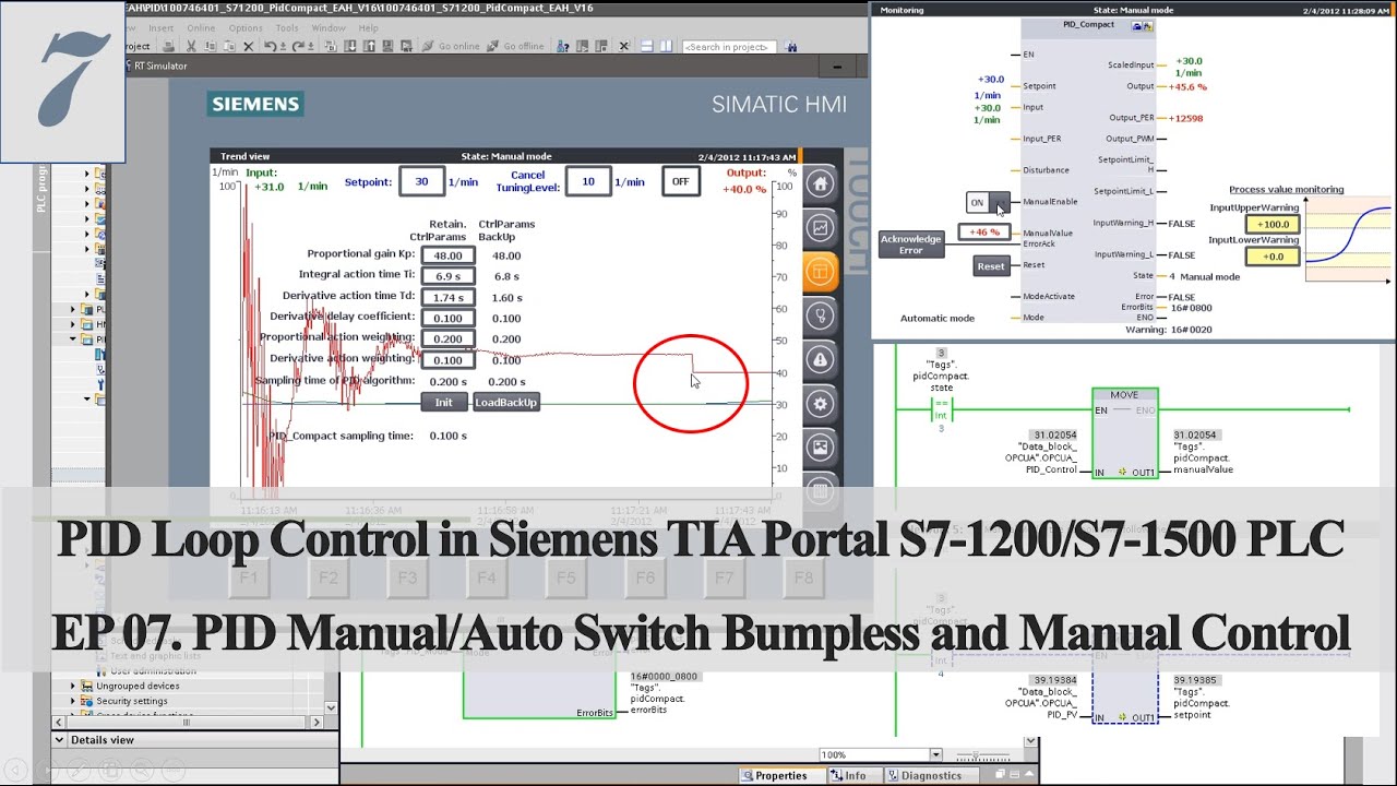 PID17 - Siemens PID07 - TIA Portal PID Manual/Auto Switch Bumpless and Manual Control