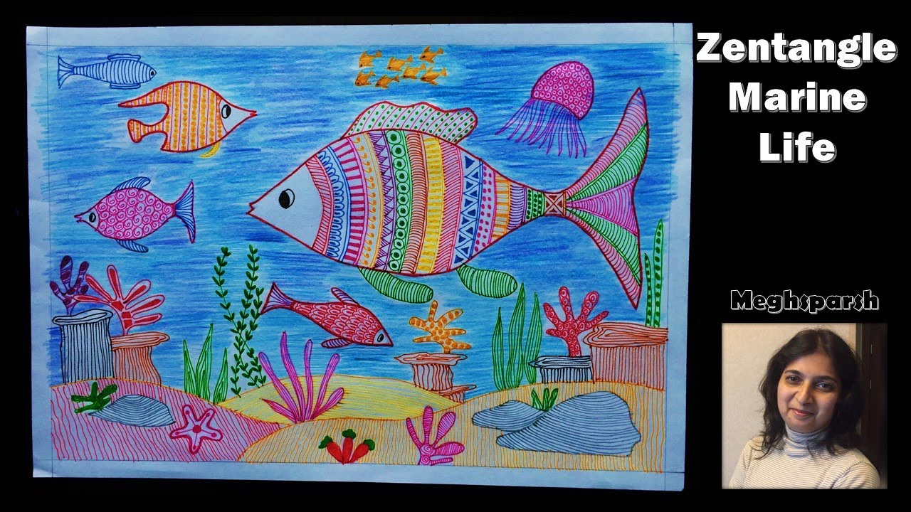 Zentangle Fish Drawing-Marine Scenery-20 Zentangle Patterns-Zentangle for Beginners-Meghsparsh