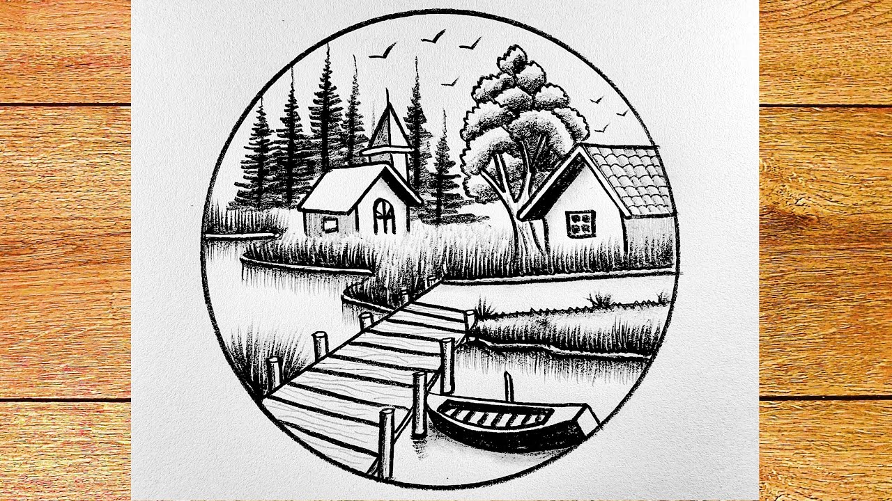 How to drawing beautiful lake scenery