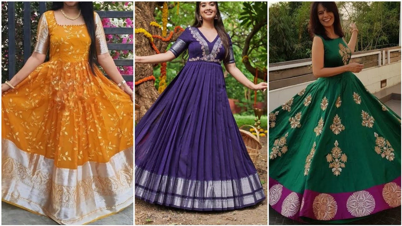 Border Saree into Beautiful Long Gown | Long Frock/Dress Cutting And Stiching Easily