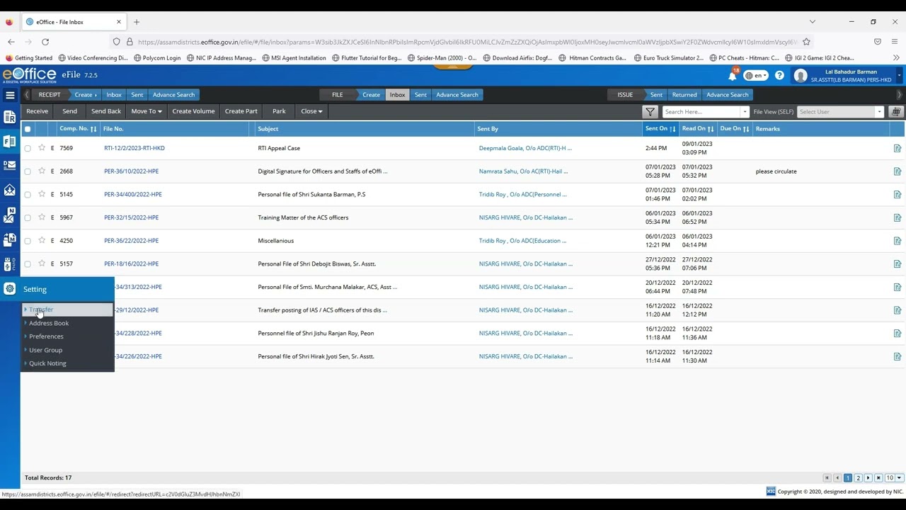 Transfer of e files by e Office local admin
