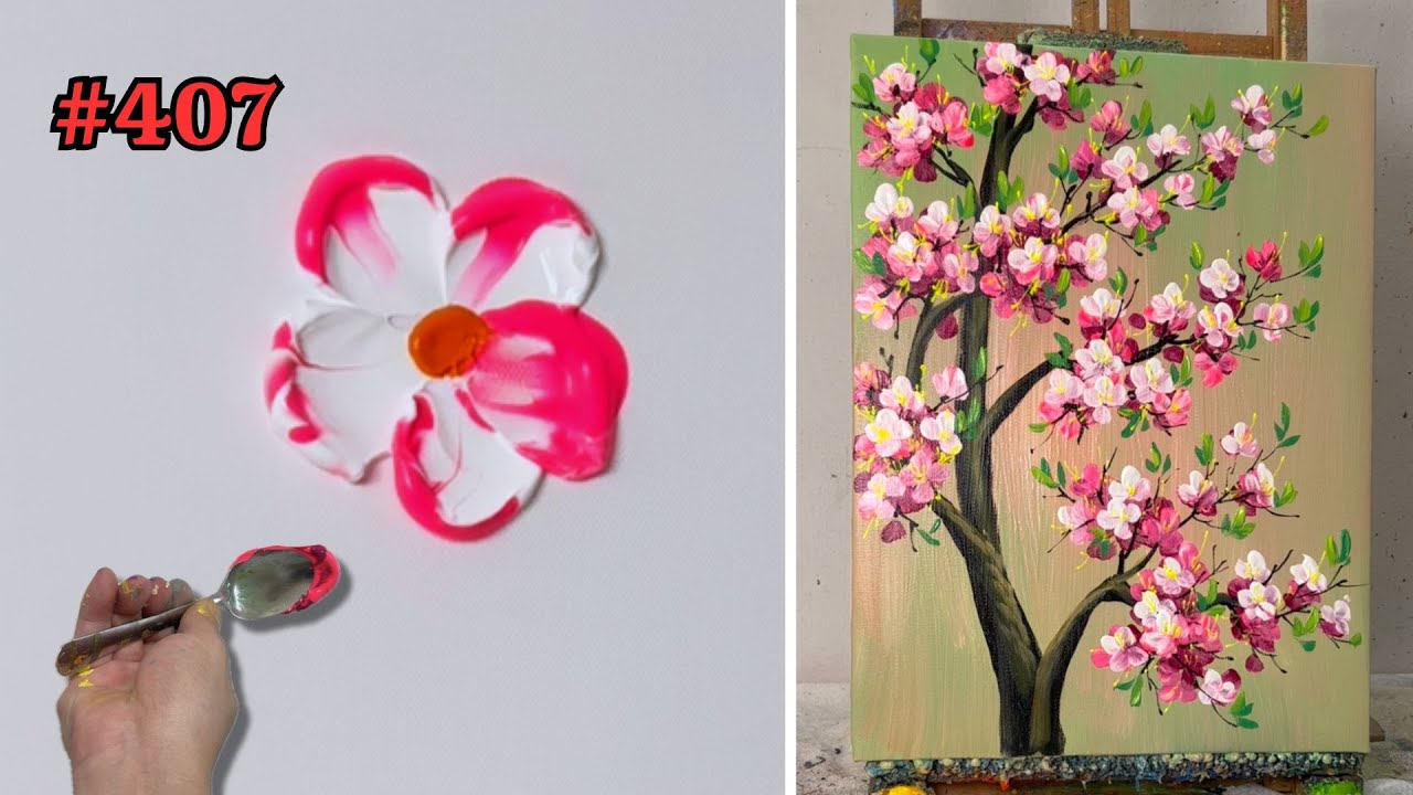 How to Paint Cherry Blossom | Step-by-Step Acrylic Tutorial for Beginners #407