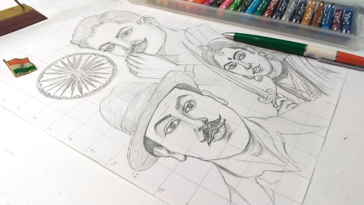 Republic Day Drawing/Bhagat Singh,Rani Laxmibai,Chandra Shekhar Azad Freedom Fighters Drawing/26 jan