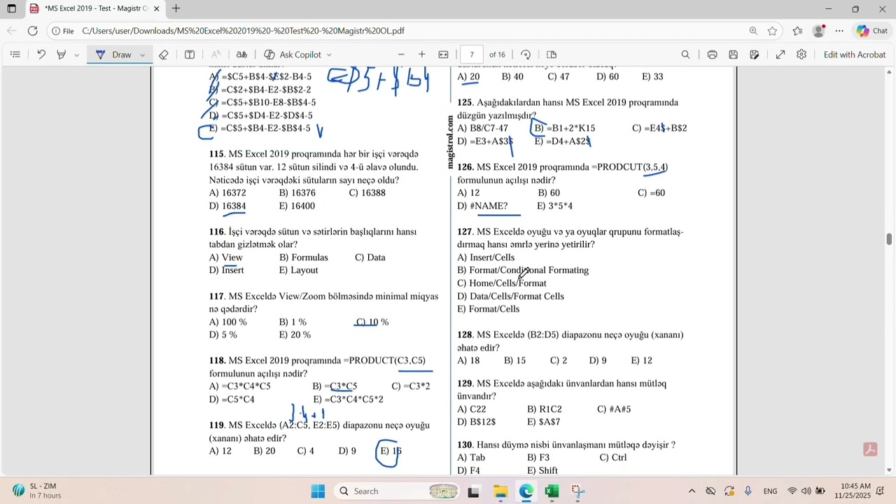 MS Excel 2019 test izahı(101-150)