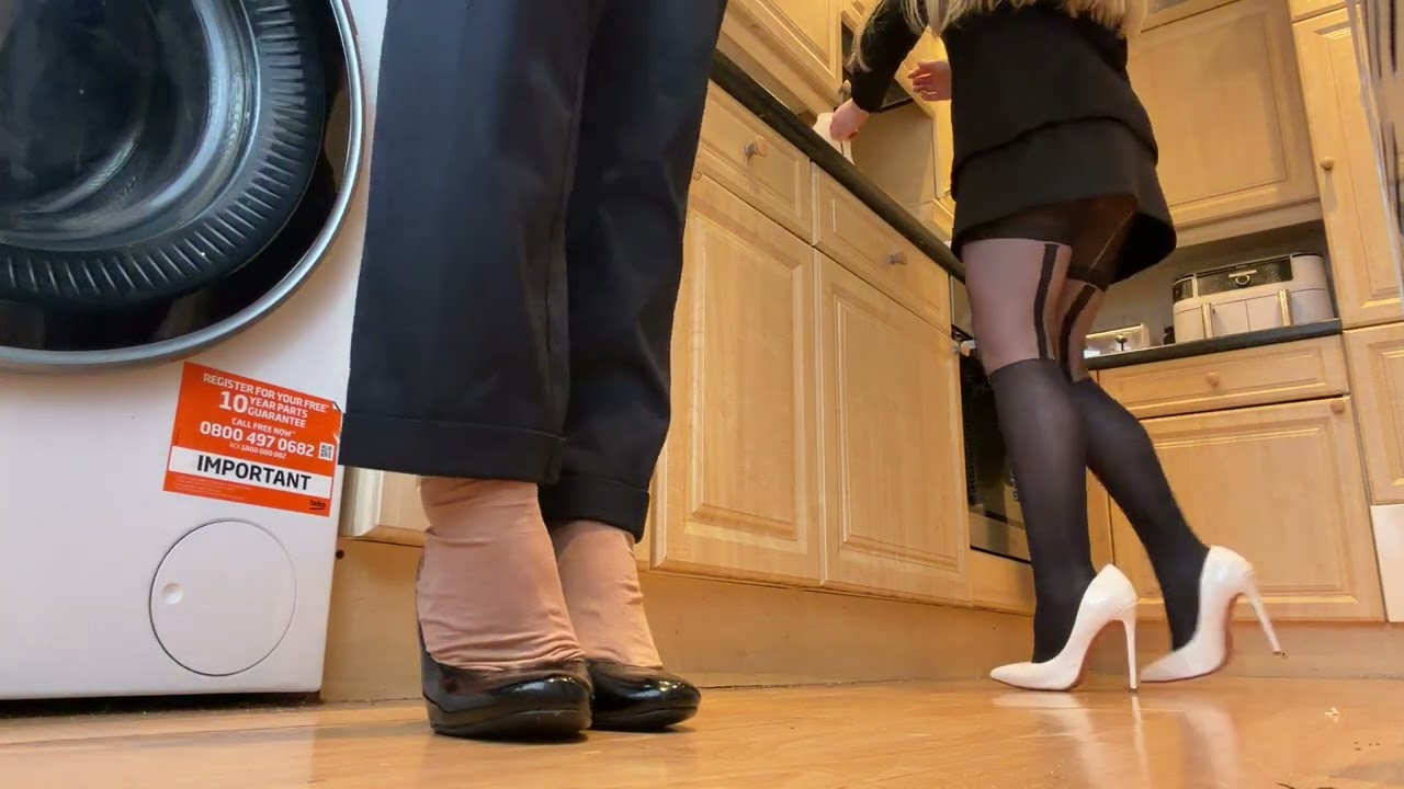 Angelica & Chelle - White Stiletto Strides: Seamed Pantyhose & Floorwork in the Kitchen