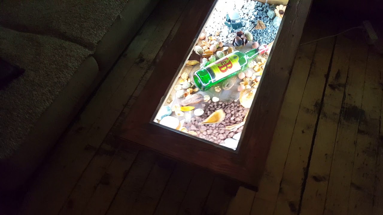 wood table with glass and led lights