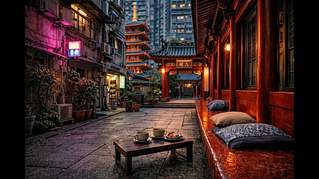 Rainy Temple Street Café 🌧️ | Cafe Ambience