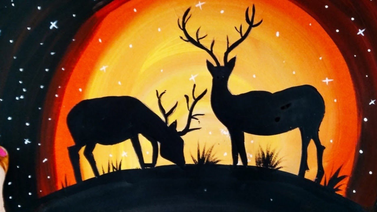 Deer and sunset easy painting with poster colors #painting #postercolors
