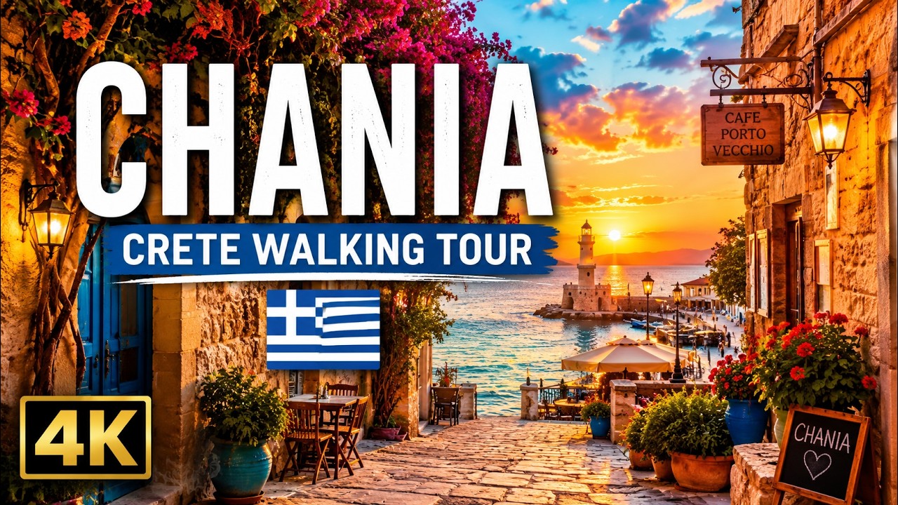 Chania, Crete Sunset & Night Walking Tour Old Town, Venetian Harbor Beautiful Chania 4K| No Talking