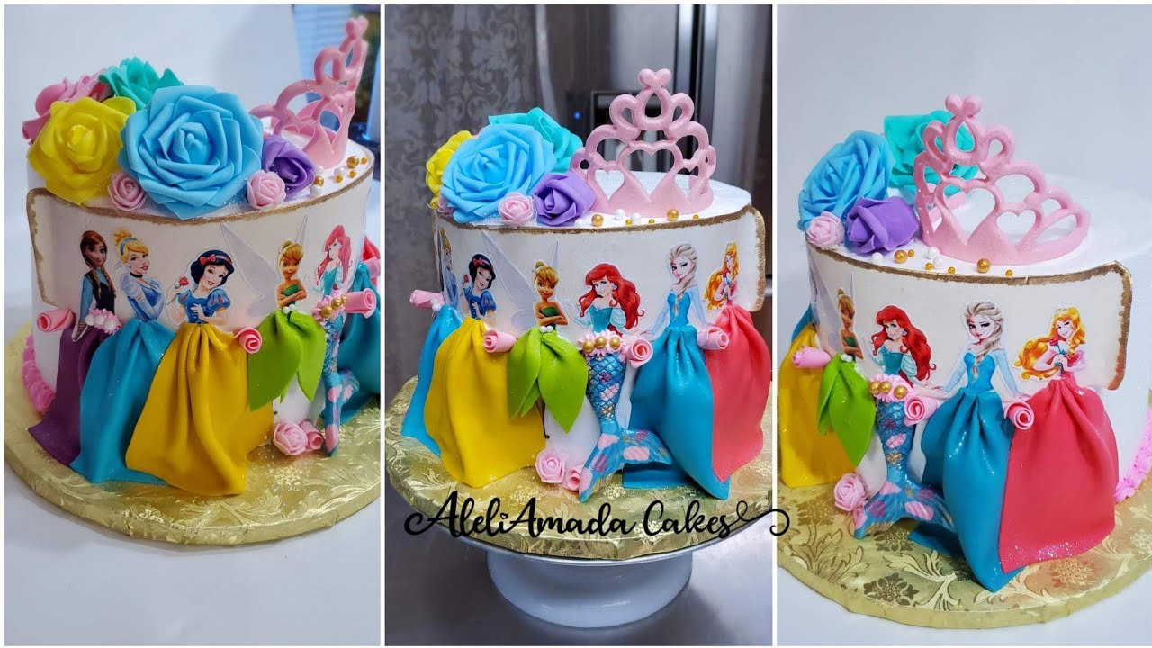 decoracion de pastel de princesas de disney en chantilly y fondant | pastel 4 en 1 aleliaamada