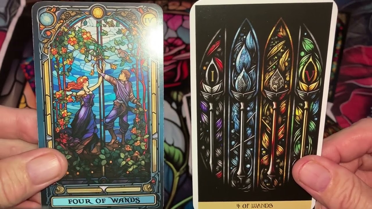 Stained Glass Tarot by Crafterian  & Stained Glass Tarot by Destiny Books side by side presentation