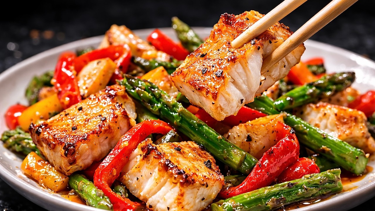 Stir Fry Fisch mit Spargel | Schnelles, einfaches und gesundes Rezept Kabeljaufilet mit Gemüse