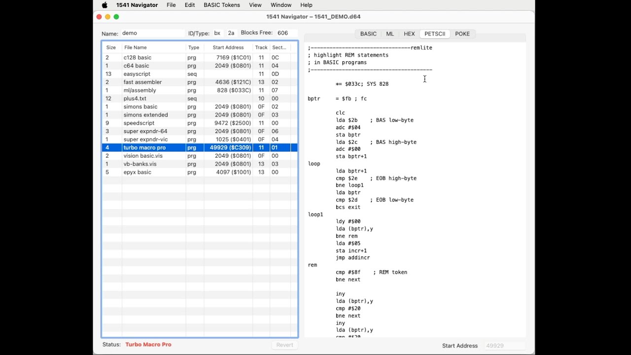 Using 1541 Navigator to read C64 Turbo Macro Pro files