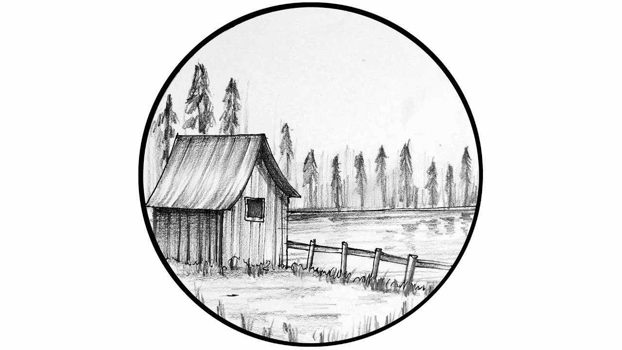 Charming Lakeside hut Pencil Sketch: Serene Nature Drawing Tutorial