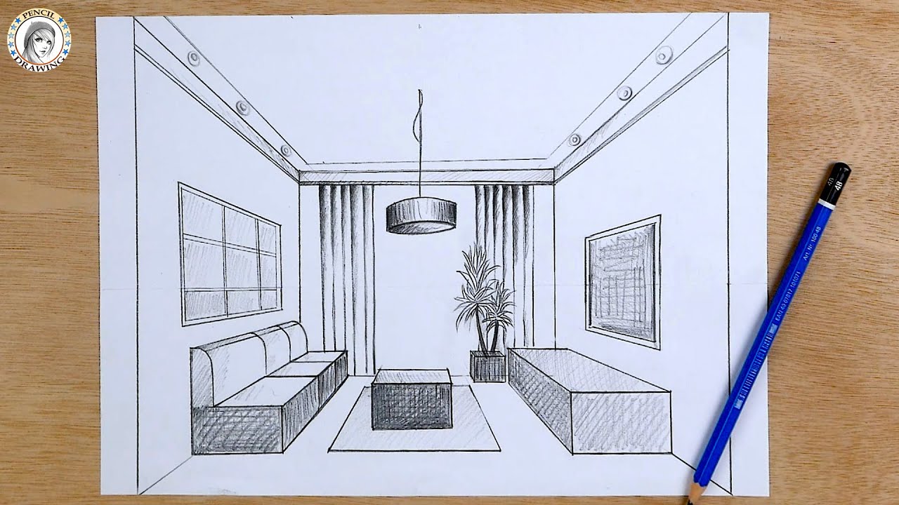 How to drawing in 1-point perspective | Interior Design |كيف أرسم بالمنظور| تصميم داخلي حجرة الجلوس