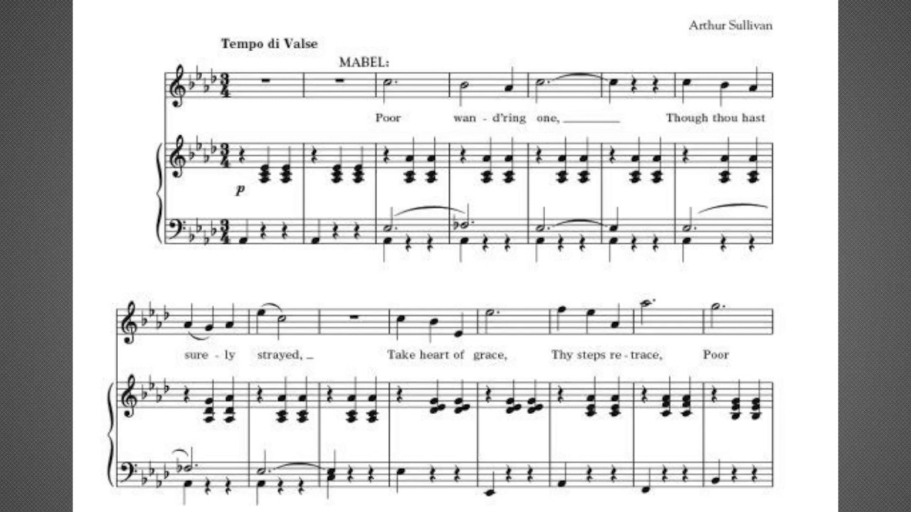 Poor Wandering One Pirates of Penzance instrumental sheet music on screen