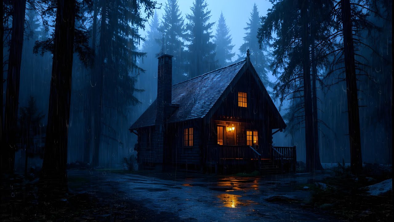 Midnight Rain on Forest Cabin 🌲 Calming Thunderstorm for Sleep