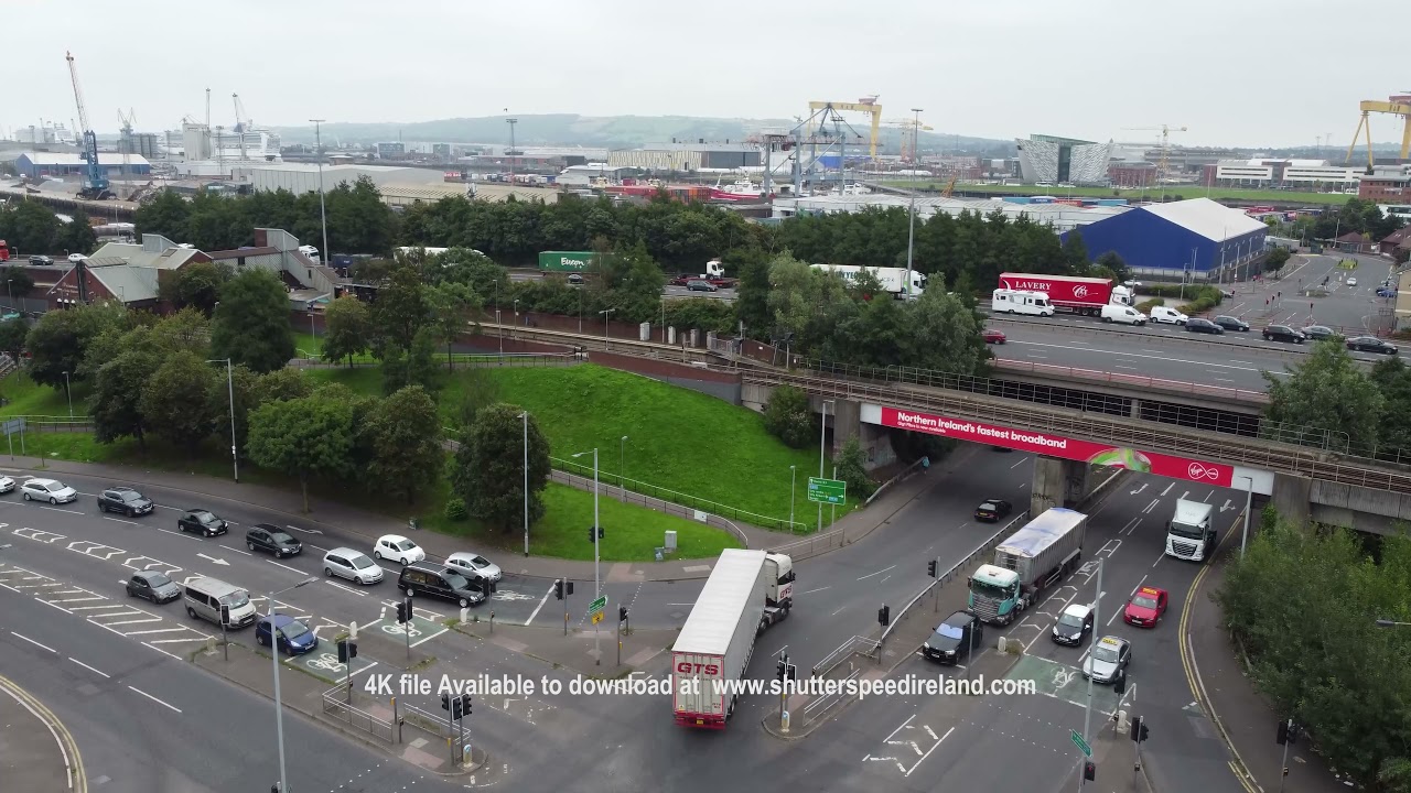 Aerial footage of Belfast City Skyline Cityscape Northern Ireland 4K 1