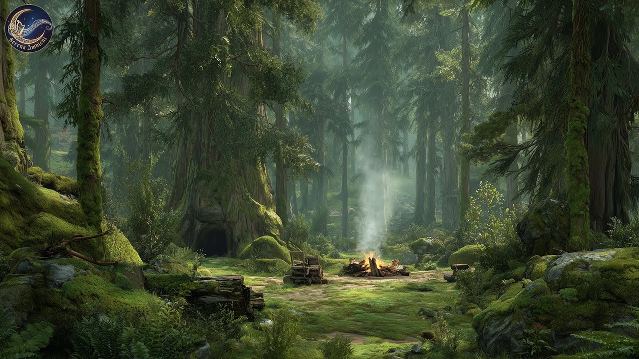 Deep Green Forest Fantasy Ambience 🌿 Campfire at Quiet Forest & Soft Nature Sounds