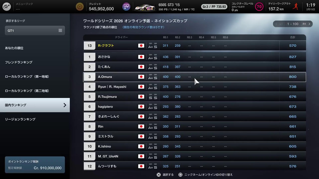 GTWS 2026 ネイションズカップ オンライン予選　Rd.2