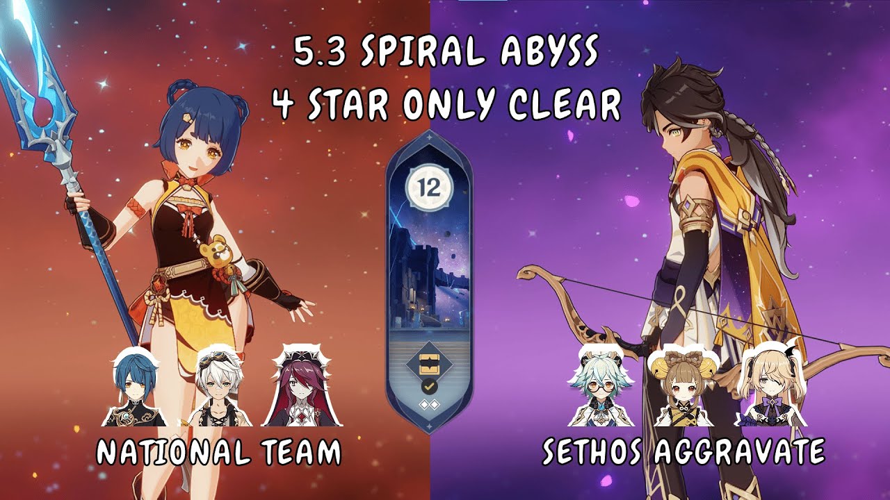 4 Star Only | National Team & Sethos Aggravate | New Spiral Abyss 5.3 Floor 12 | Genshin Impact